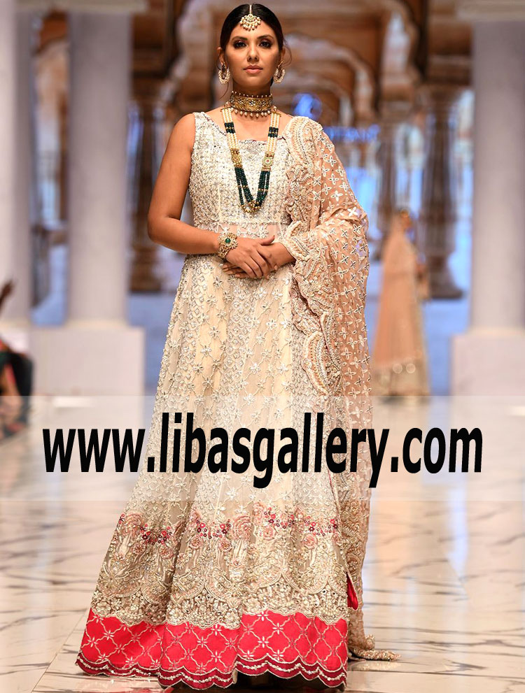 First Rate Pakistani Bridal Anarkali Dress in Ivory Color