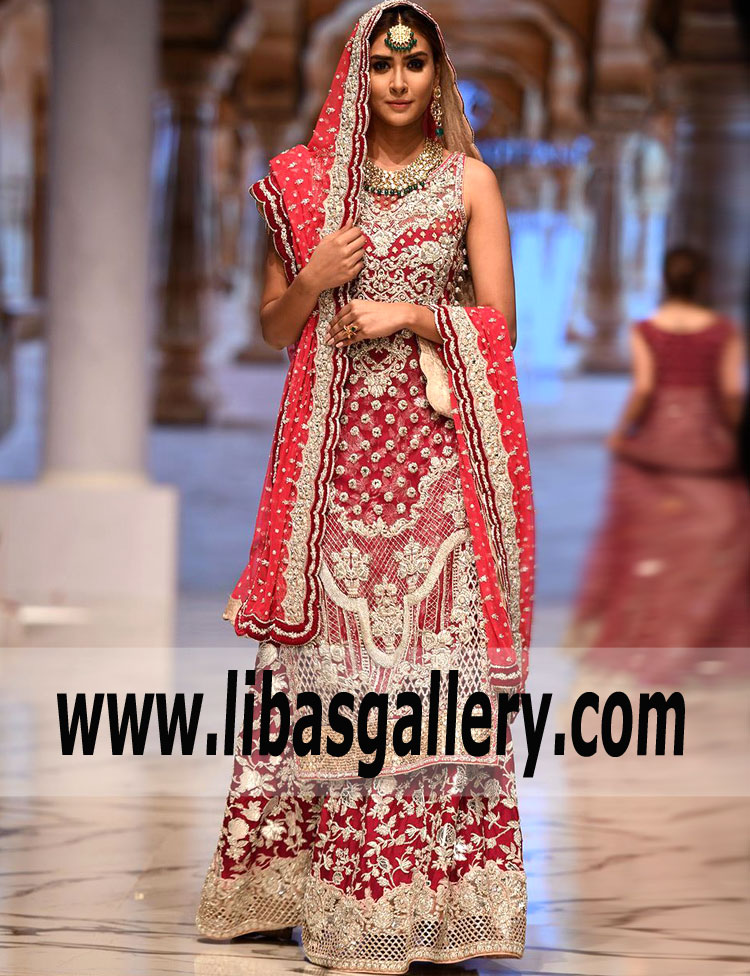 NEW INN Stunning Crimson Glory Pakistani Designer Wedding Lehenga Dress