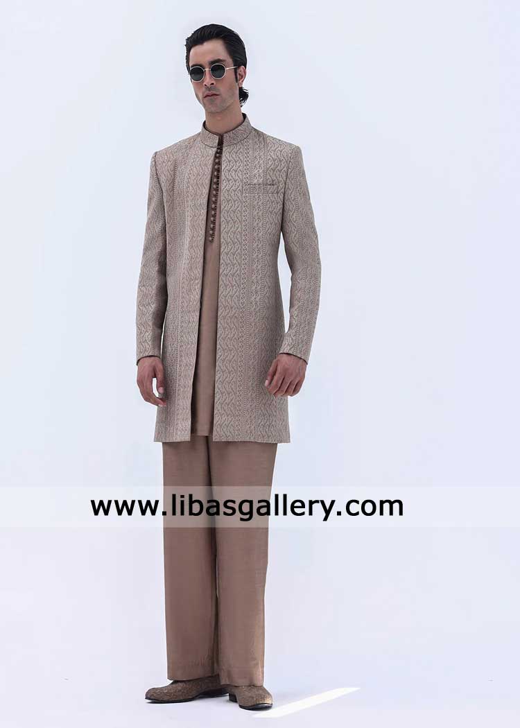 Brown Embroidered Open Sherwani for Groom | Luxury Wedding Outfit Chicago USA