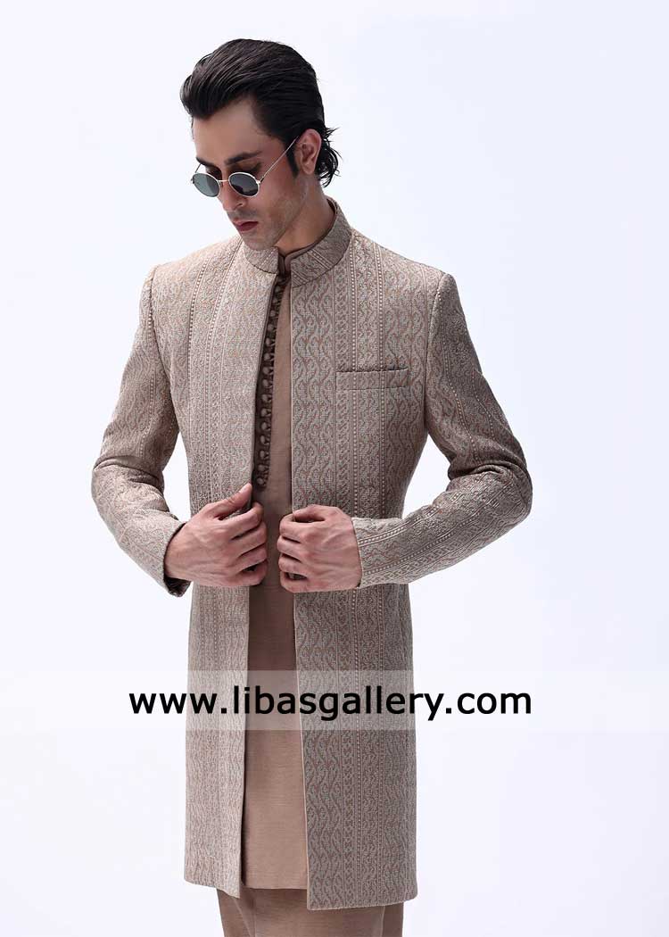 Brown Embroidered Open Groom Sherwani for Wedding & Reception
