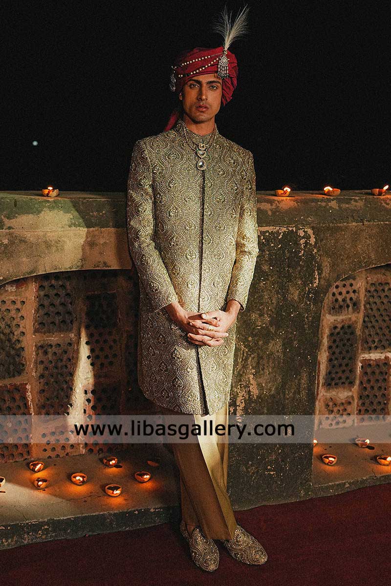 Brown Embroidered Groom Sherwani with hand work