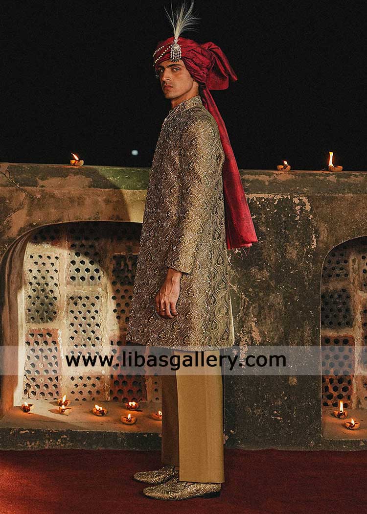 Brown Embroidered Groom Sherwani with hand work