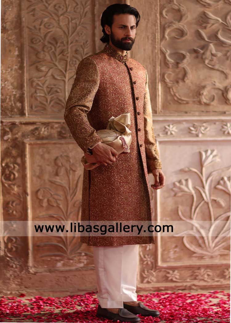Designer Brown Jamawar Groom Sherwani for Wedding & Nikah-Sherwani Hand Embroidered Collar Button Sleeves UK USA Canada