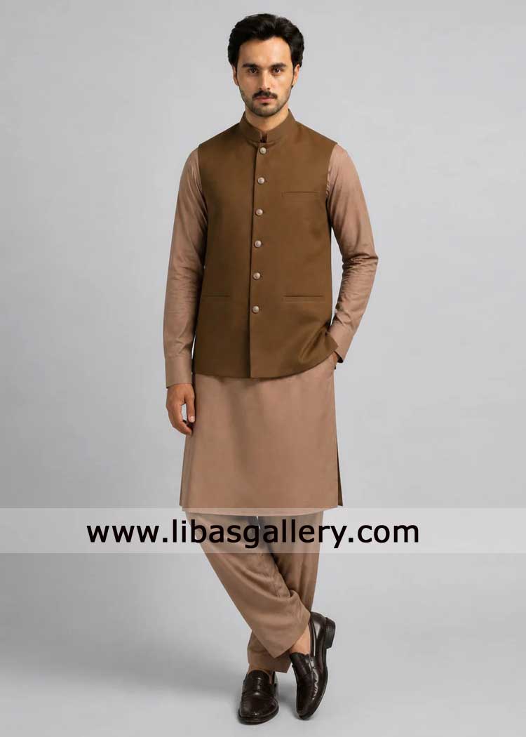 Brown sober style waistcoat for men with contrast kameez shalwar suit for party and to attend friend wedding Washington 