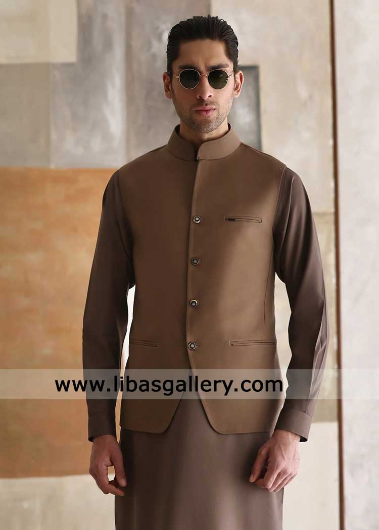 Brown Waistcoat for men occasion with Shalwar Kameez