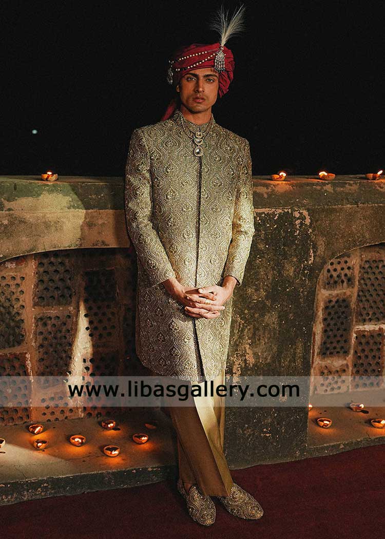Brownish Green hand embroidered groom nikah Sherwani