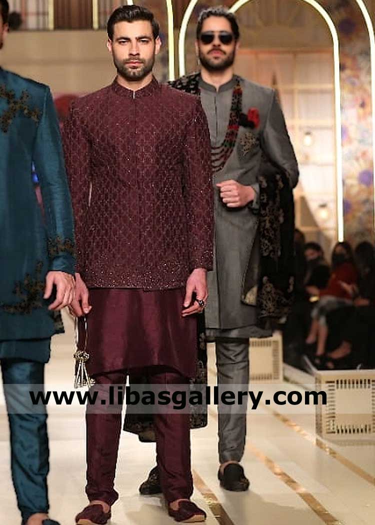 Burgundy embroidered prince coat with matching kurta pajama for occasion UK uSA Canada Dubai Australia