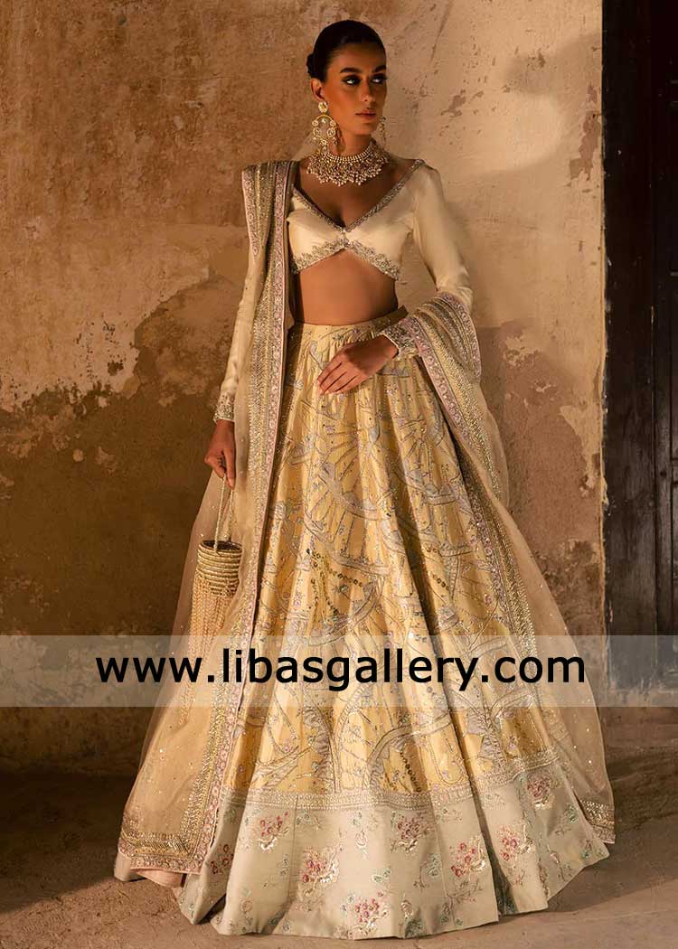 Butter Yellow Lehenga Choli Geometric Floral Pattern