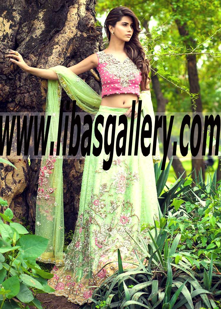 Marvelous Pakistani Indian Lehenga Choli Dress in Tea Green Color for Wedding and Special Occasions