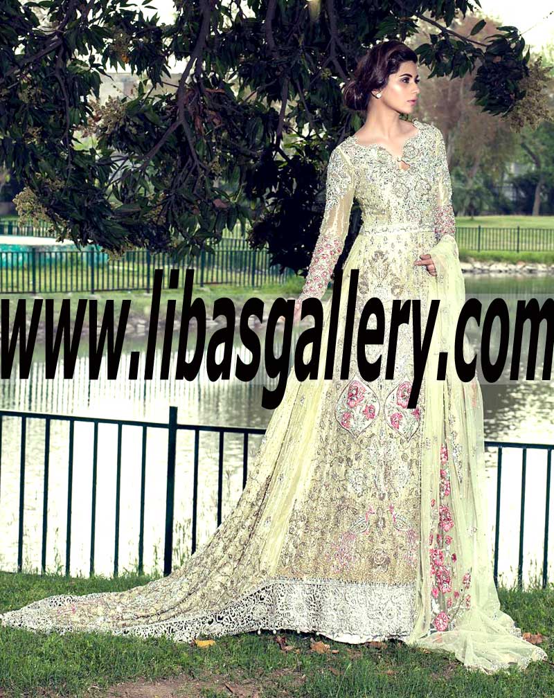 Luxurious Special Occasion Dress in Spring Bud color for Engagement and Walima