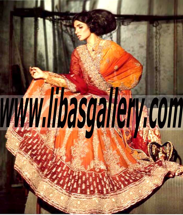 Classic Pakistani Indian Wedding Lehenga Dress in Falu Red color for Special and Wedding Events 