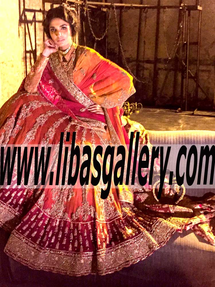 Classic Pakistani Indian Wedding Lehenga Dress in Falu Red color for Special and Wedding Events 
