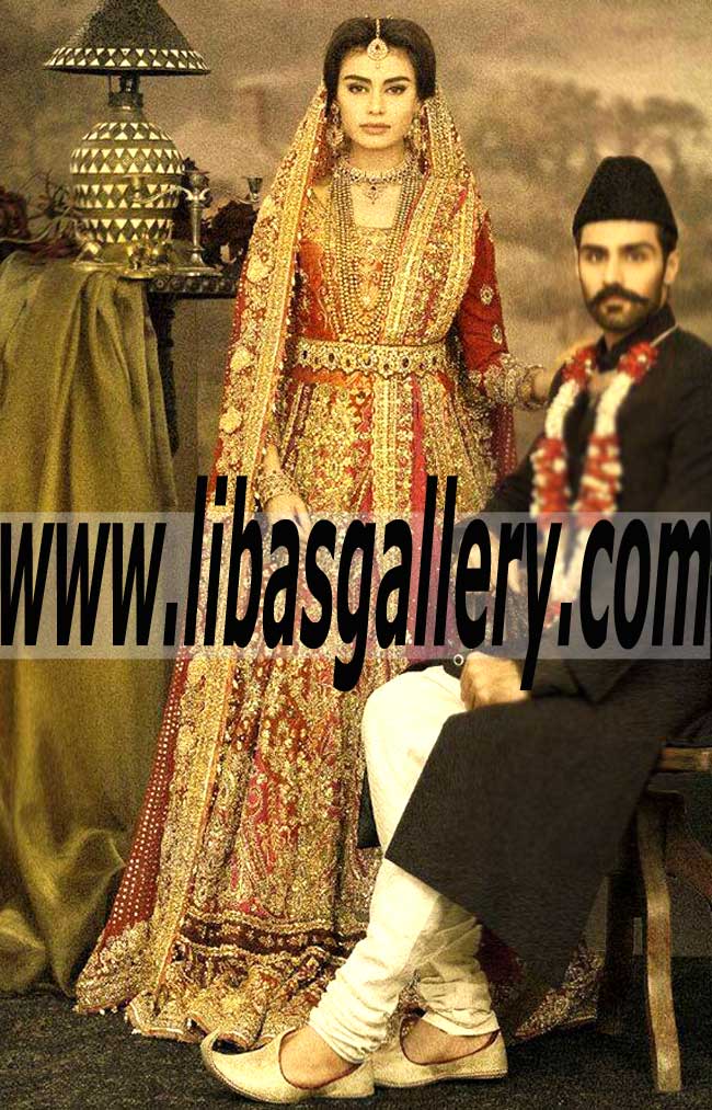 Breathtaking Falu Red Bridal Dress with Flared embellished Lehenga for Wedding and Special Occasions