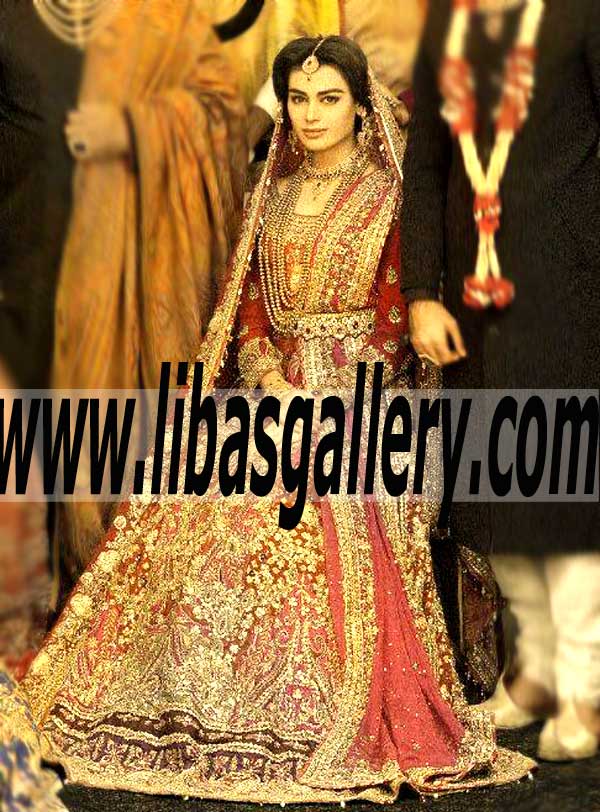 Breathtaking Falu Red Bridal Dress with Flared embellished Lehenga for Wedding and Special Occasions