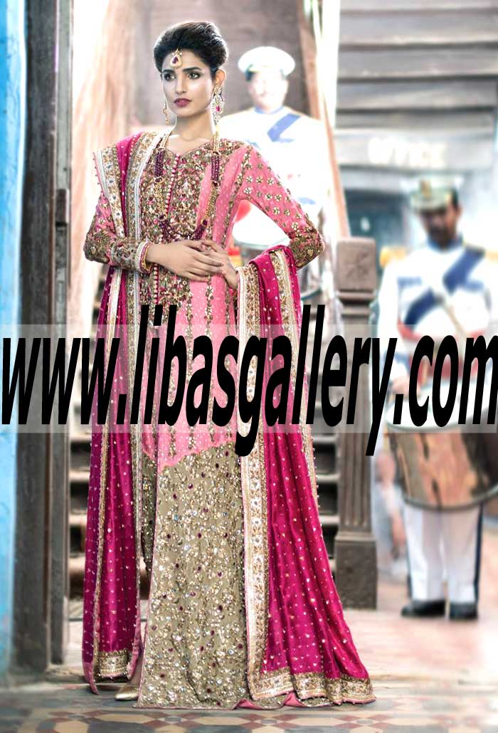Fulgent Pink color Pakistani Bridal Gown Dress for Wedding and Special Occasions