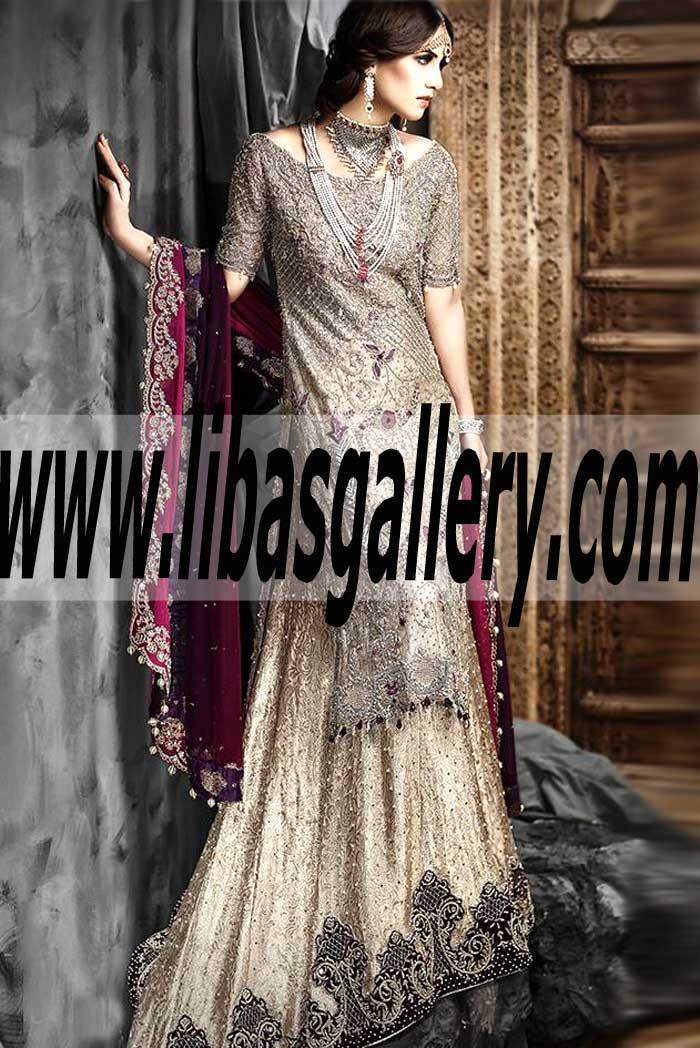 Sumptuous Almond Color Floor Length Train Lehenga Wedding Dress