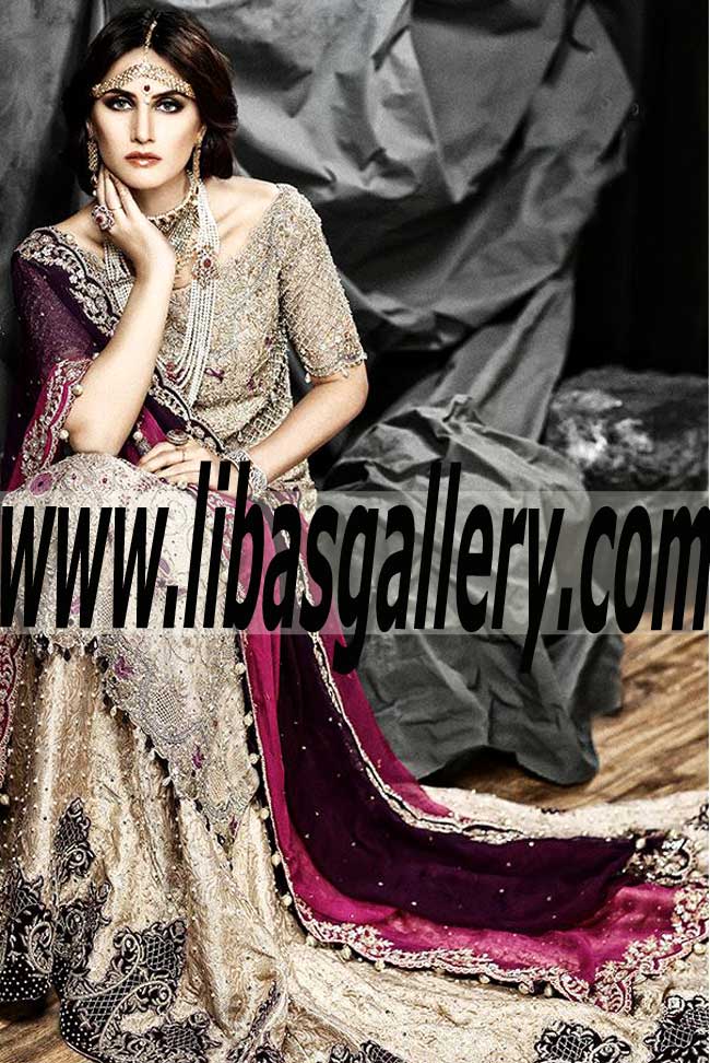 Sumptuous Almond Color Floor Length Train Lehenga Wedding Dress