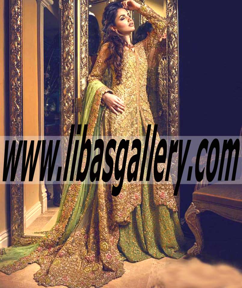 Enchanting Designer Bridal Gown with Two Legged Bridal Sharara for Valima and Reception