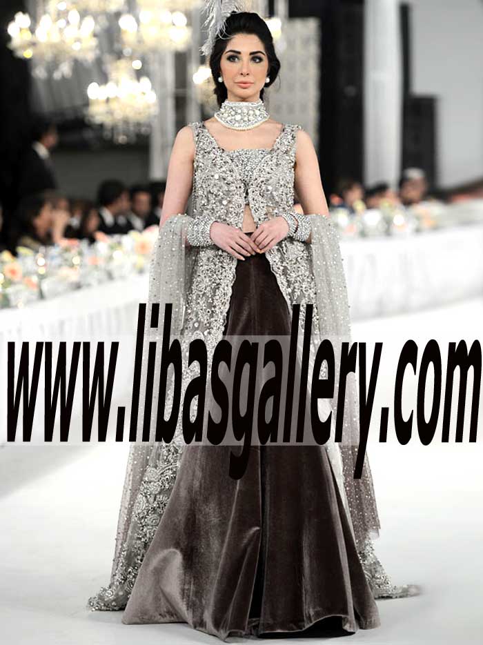 Glamorous Bridal Gown with Velvet Lehenga for Walima and Reception