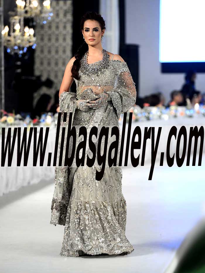 Gorgeous Wedding Flared Gharara and Short length blouse features stunning and gorgeous embellishments