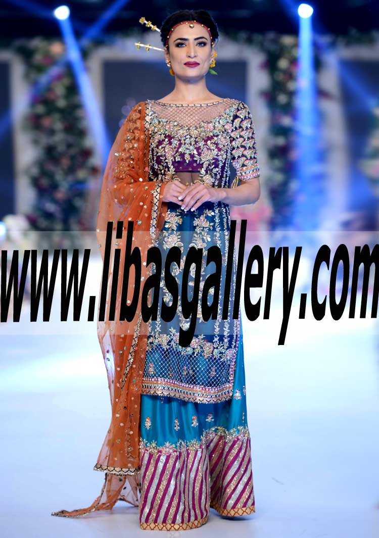 Splendid Pakistani Designer two legged flared sharara Dress for Wedding Reception and Formal Events
