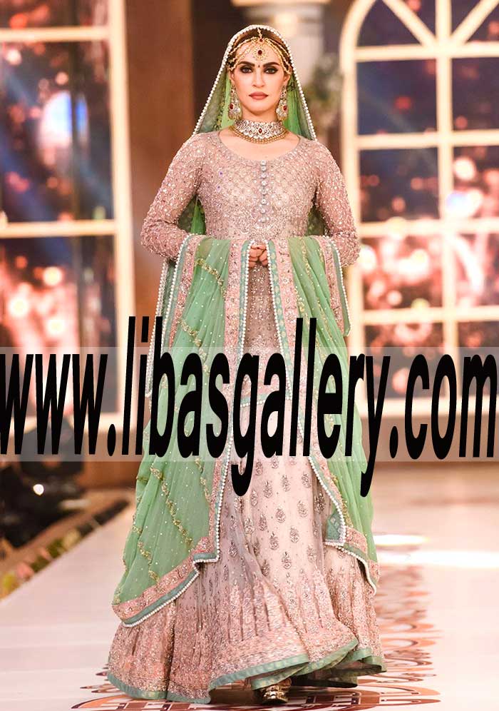 Dazzling Embellished SALMON PINK Bridal Lehenga Dress for Reception and Special Occasions