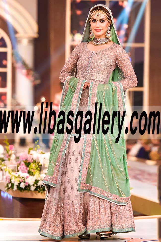 Dazzling Embellished SALMON PINK Bridal Lehenga Dress for Reception and Special Occasions