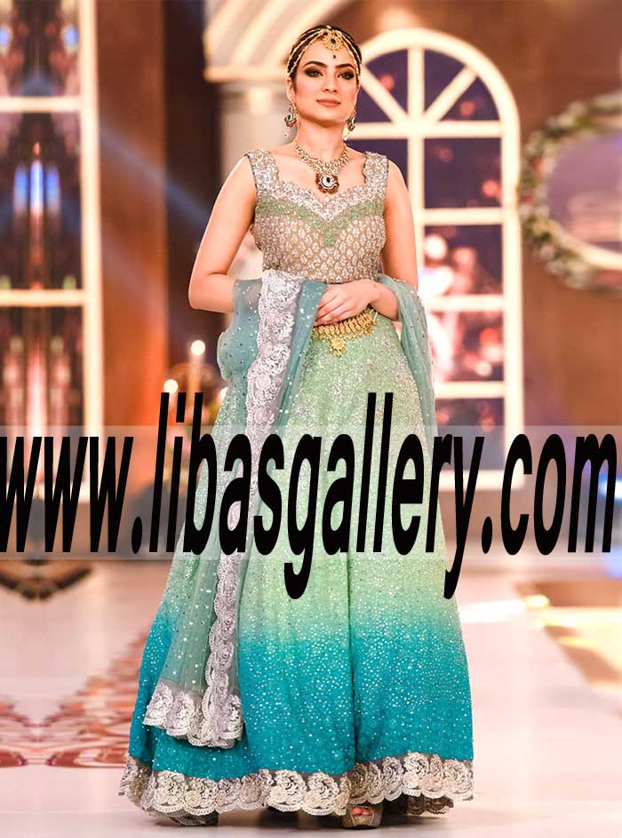 Miraculous BEIGE CHOLI WITH SWAROVSKI CRYSTALS Lehenga Dress for Engagement and Special Occasions