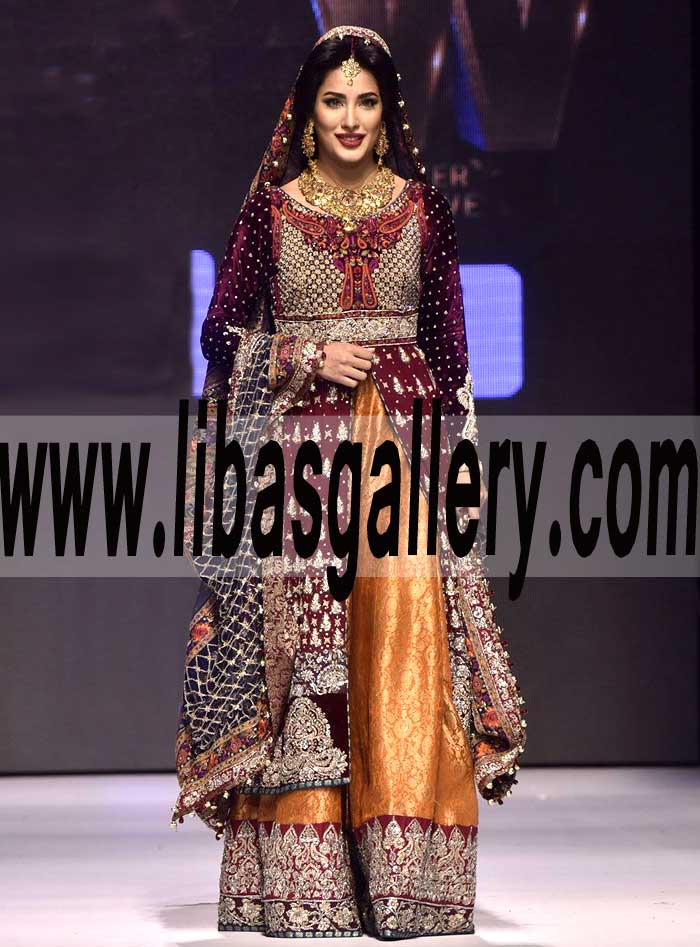 Prepossessing MAROON FRONT OPEN EMBELLISHED Bridal Sharara Dress for Reception and Special Occasions