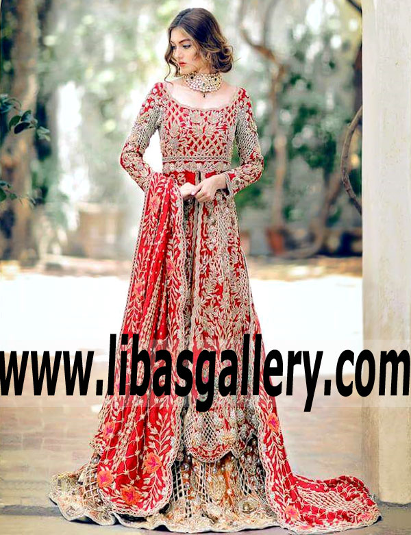Traditional Red Bridal Dress with Sharara for Rukhsati or Barat