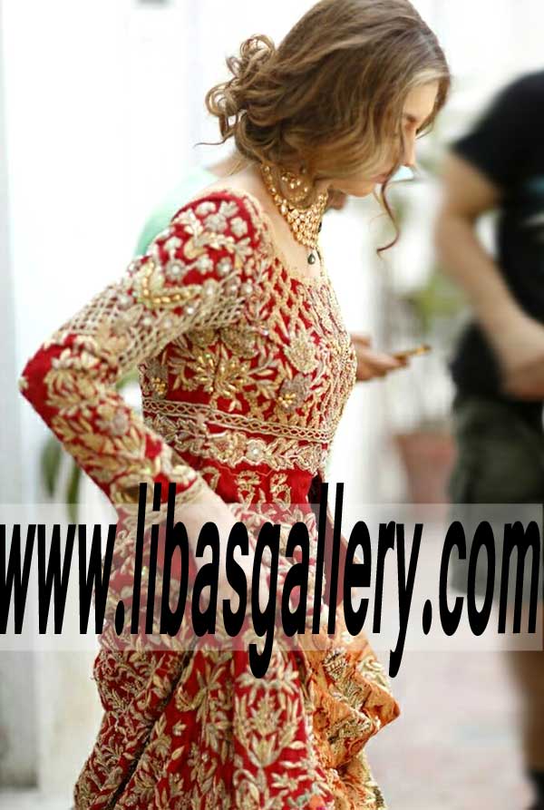 Traditional Red Bridal Dress with Sharara for Rukhsati or Barat