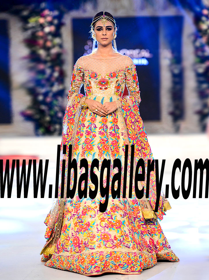 Shop new fashion icons Glowing Anarkali Bridal Dress with Heavy Embellishments for Reception and Special Occasions