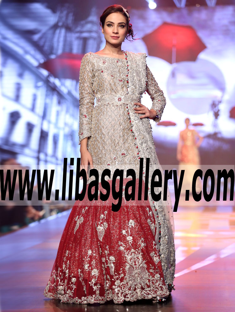 THE LUXURIOUS SKIRT LEHENGA FOR A COUTURE BRIDAL LOOK WITH SWAROVSKI CRYSTALS AND SILVER EMBROIDERY FOR WEDDING AND SPECIAL OCCASIONS