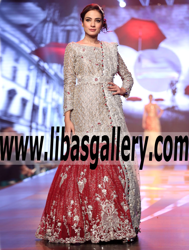 THE LUXURIOUS SKIRT LEHENGA FOR A COUTURE BRIDAL LOOK WITH SWAROVSKI CRYSTALS AND SILVER EMBROIDERY FOR WEDDING AND SPECIAL OCCASIONS