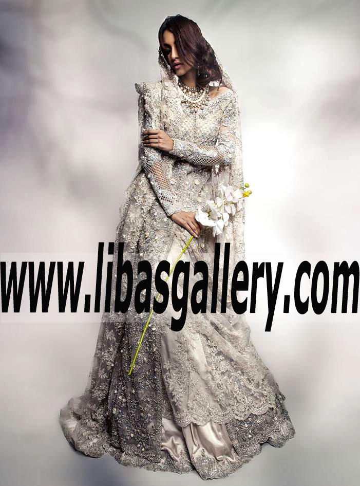 Precious Bridal Lehenga with gorgeous embroidery and embellishments for Reception and Valima
