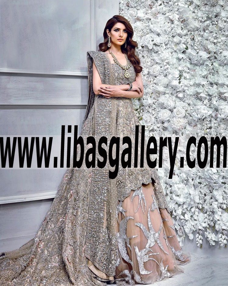 Attractive Asymmetrical Wedding Dress with Delicate and Lovely Embellishments for Valima or Reception