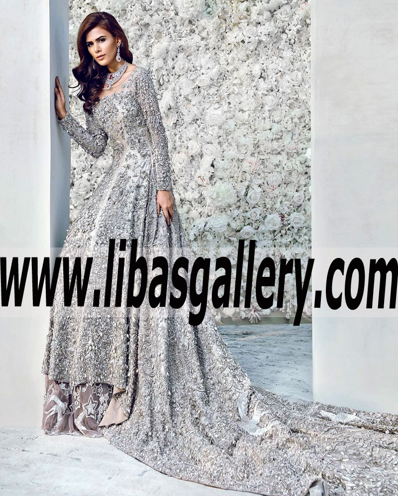 Stunning Long Train Wedding GOWN with Rich Quality Embellishments for Walima or Reception
