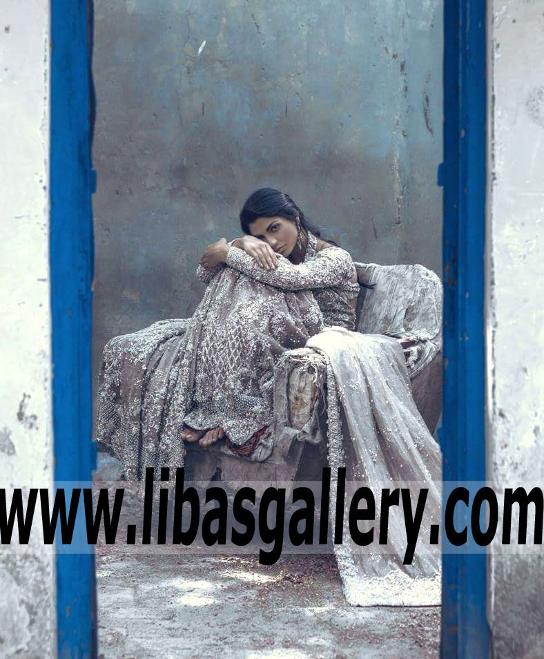 Elegant off the Shoulder Wedding Dress with Marvelous Embellishments for Valima or Reception