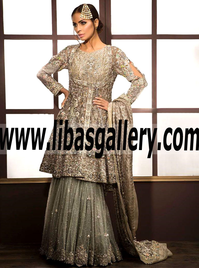 Beautiful Gharara Dress with Exquisite Floral Embellishments for Valima or Wedding Reception