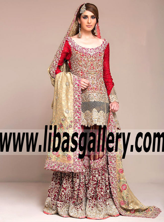 Glamorous Greeting RED AND MAROON Asian Wedding Gharara Dress for Wedding and Special Occasions