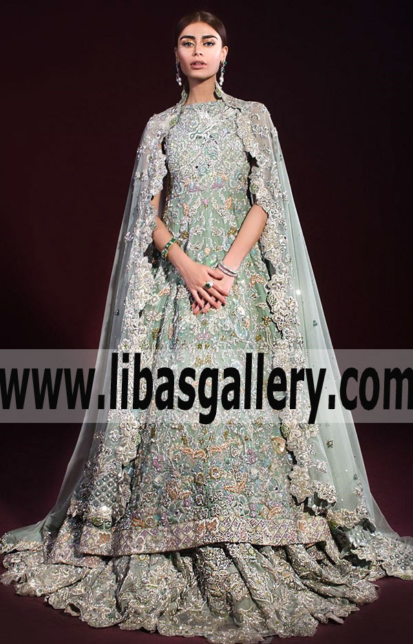Marvelous CHARTRUESE ENVY Bridal Anarkali Lehenga Dress for Reception and Walima
