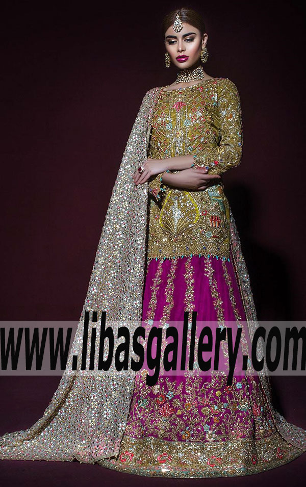 Gorgeous MULBERRY Bridal Wear with Lehenga and Heavy Dupatta for Reception and Walima