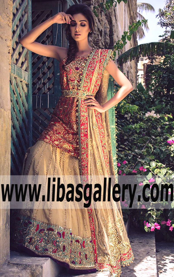 Luxurious and Heavy Embellishment HARLEQUIN TANGERINE Bridal Dress with Sharara