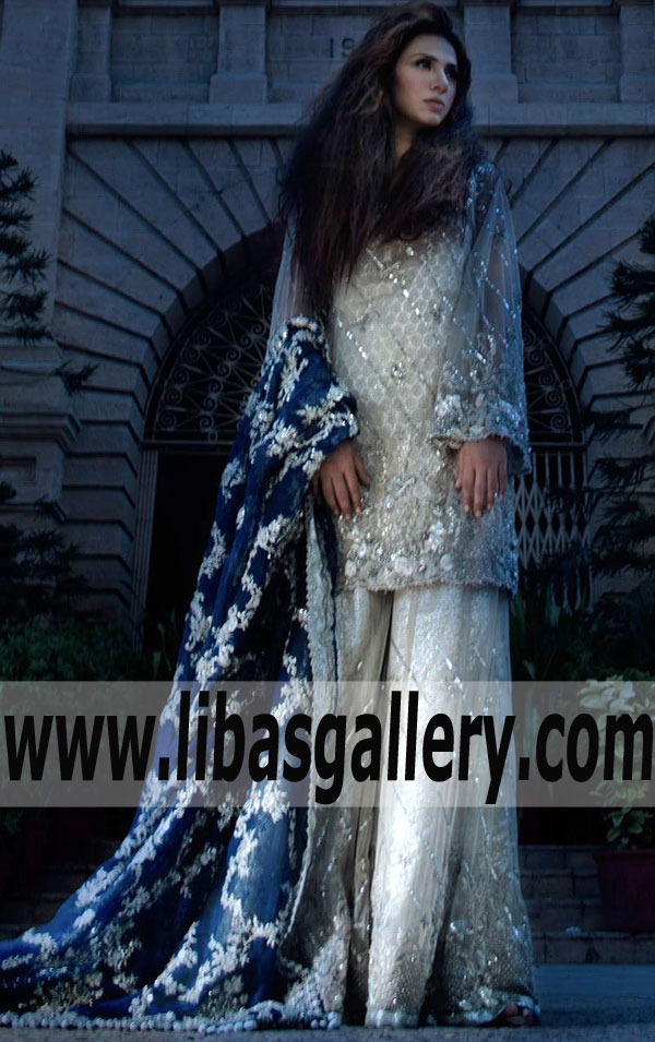 Breathtaking SILVER LINING Bridal Dress with Flared Lehenga for Reception and Walima Events