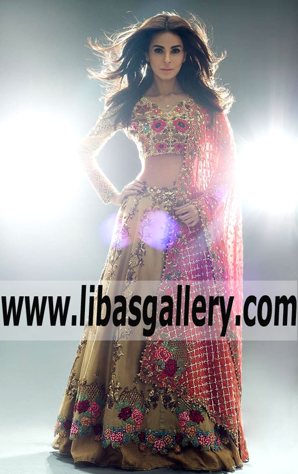 Eye Catching AMARYLLIS GOLD Bridal Wear with Flared Lehenga and Choli for Attractive Brides
