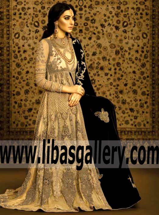Classy Bridal Anarkali Dress with flared Lehenga for Valima and Reception