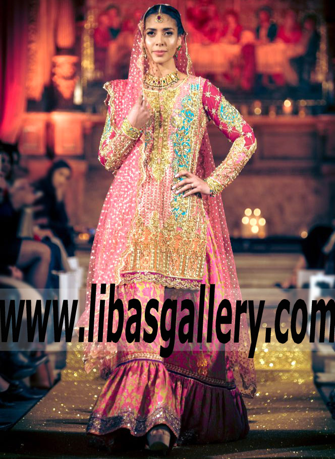 Splendorous Pakistani Bridal Gharara Dress with Astonishing Embellishments for Wedding and Special Occasions
