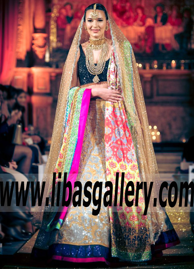Lavish Pakistani Bridal Lehenga Dress with Majestic Embellishments for Wedding Reception