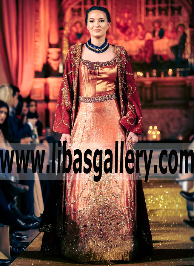Astonishing Embellished Aurora Gold Shaded Velvet Jacket With Coral Red Khimkhab for Beautiful Brides
