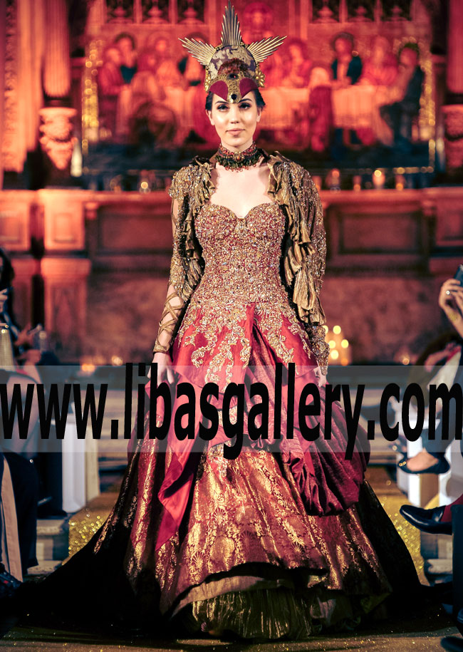 Miraculous Crimson Gold Fully Embellished Tissue Jacket With Kimkhab for Wedding and Reception
